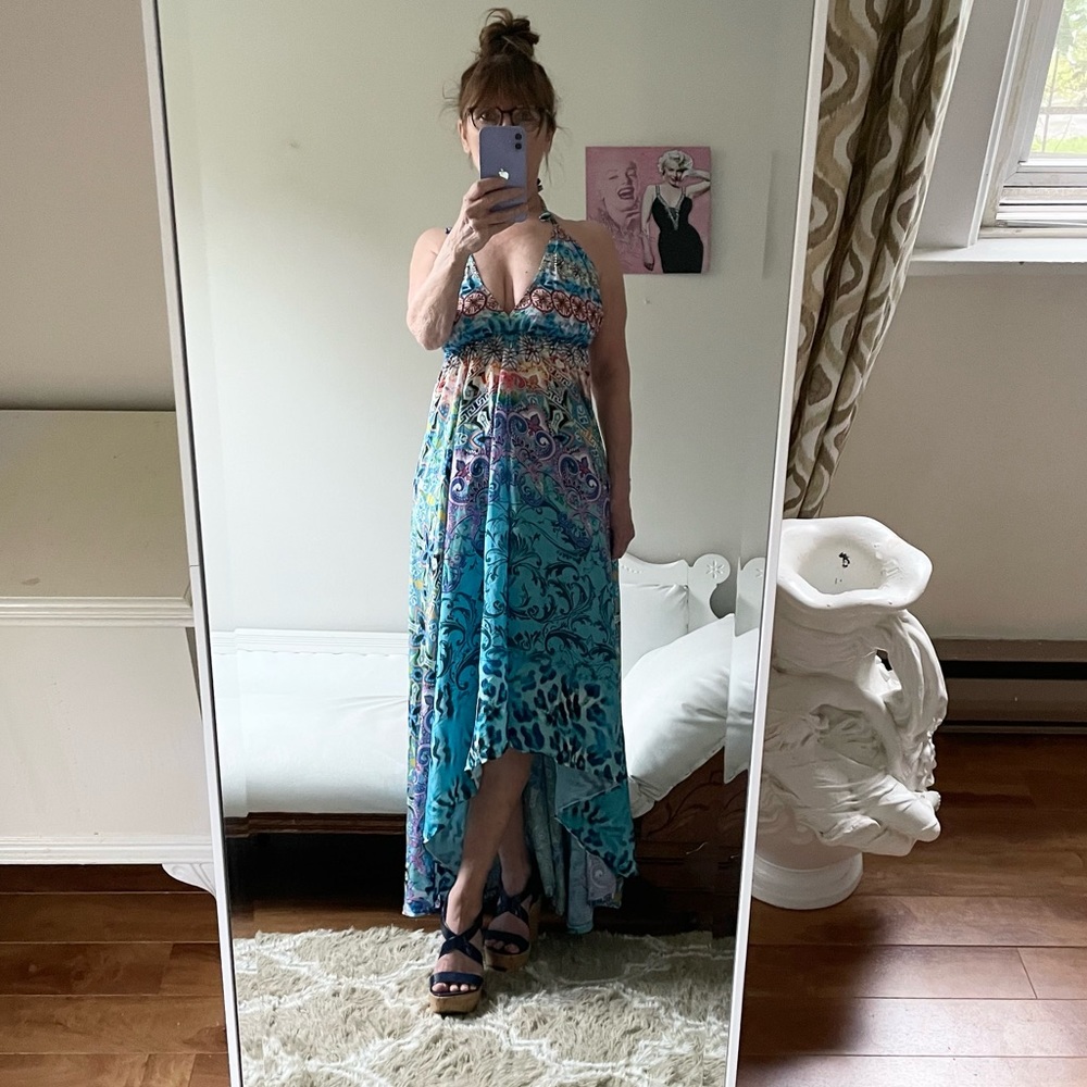 MADE IN INDIA TEAL BLUE PURPLE HALTER DRESS HIGH LOW TIES LOW BACK